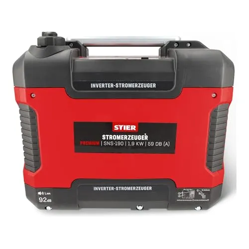 STIER Stromerzeuger Premium SNS-190 - Leiser Inverter Generator mit 1900 W - Stromaggregate: Der STIER SNS-190 bietet leise 59 dB(A) und eine Laufzeit von bis zu 6 Stunden. Ideal für empfindliche Geräte dank Invertertechnologie und wartungsarmem 4-Takt Motor.