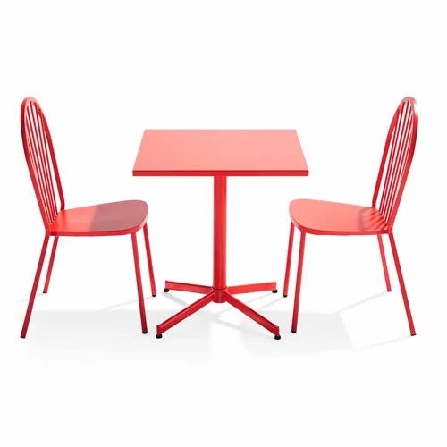 Set aus Gartentisch mit quadratischer Neigung, 2 roten Bistrostühlen - Oviala Palavas