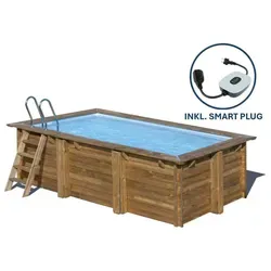 GRE Rechteckiger Echtholzpool MARBELLA 2 mit Smart Plug - Hochwertiger Holzwandpool aus französischer Kiefer, ideal für jeden Garten. Extrem robust und winterfest, inklusive Sandfilteranlage und einfacher Montage.