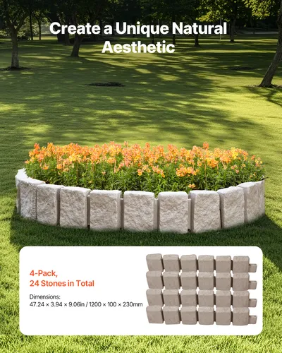 VEVOR Beeteinfassung Steinoptik 120x10x23 cm - Rasenkanten mit realistischer Steinstruktur, ideal für Gartenbeete und Gehwege. Robustes Design mit Verankerungsspitzen für einfache Installation und langlebige Nutzung im Freien.