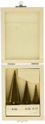 Brüder Mannesmann Stufenbohrer-Set 3-tlg., HSS titanbeschichtet, für präzise Bohrungen in Blech und Edelstahl, langlebig und robust, für Profis und Heimwerker, mit Holzkassette, Ø 4–12 mm | M54603