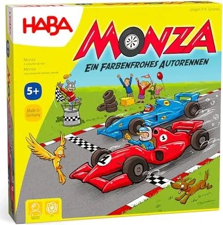HABA 2012226001 - Monza, Würfel-Rennspiel mit Taktik - Gesellschaftsspiel mit bunten Farbwürfeln und 6 Holz-Rennautos. Baue deine eigene Rennstrecke und erlebe spannende Überholmanöver! Ideal für schnelle Spielrunden von ca. 15 Minuten.