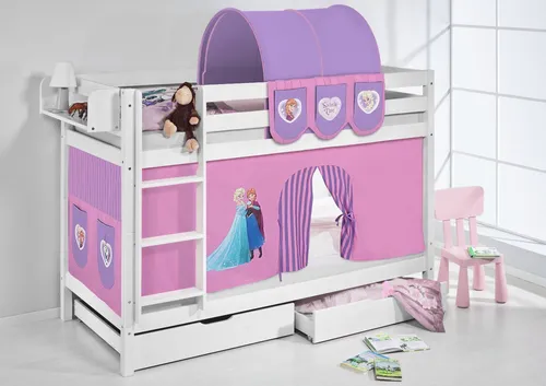 Lilokids Etagenbett JELLE 190x90 cm mit Vorhang FROZEN - Massivholz Etagenbett von LILOKIDS für kreatives Spielen und Träumen. Inklusive lizenzierter Eiskönigin-Vorhang und zwei stabilen Lattenrosten. Hohe Sicherheit durch robuste Verarbeitung und Absturzsicherung.