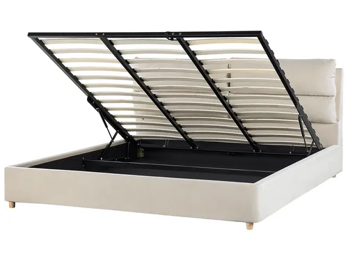 BELIANI Polsterbett aus Samtstoff Beige 180 x 200 cm mit Bettkasten - Elegantes Doppelbett mit praktischem Bettkasten und stabilem Lattenrost. Hochwertiger Samtstoff sorgt für stilvollen Schlafkomfort und eine langlebige Nutzung.