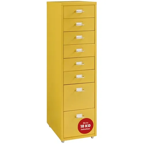 [en.casa] Rollcontainer Kökar - 8-Schubladenschrank in Gelb - Aktenschrank mit mobiler Flexibilität und robustem Stahl, ideal für eine effiziente Organisation von Büroartikeln im Home Office.