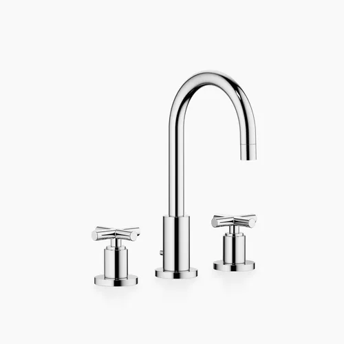 Dornbracht TARA Dreiloch Waschtischbatterie mit Ablaufgarnitur - Elegante Waschbecken-Armatur aus Chrom, mit einer komfortablen Ausladung von 135 mm für optimalen Bedienkomfort.