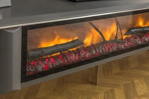 Hochwertiges TV-Sideboard mit Kamin - Modernes Möbelstück in Grau - Stylisches TV-Lowboard aus MDF und Metall, mit integriertem Kamin. Ideal für Ihr Wohnzimmer, bietet es eine elegante Lösung für Unterhaltung und Ambiente. Maße: 160 x 50 x 40 cm, halbmontiert.
