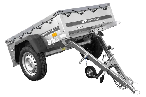 UNITRAILER Kleinanhänger für Pkw - 150 Kipp mit Flachplane - Universalzubehör für Anhängerkupplungen, ideal für Garten- und Transportbedürfnisse mit einer Tragfähigkeit von 750 kg und praktischem Stützrad.