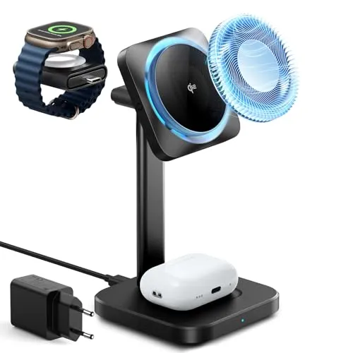 ESR Qi2 3 in 1 kabellose Ladestation mit CryoBoost, [Zertifiziertes] Apple Watch Ladegerät & 15W Qi2 magsafe ladegerät für iPhone 16/15/14, Watch & AirPods, Handy Kühlung kabelloses Ladegerät, Schwarz