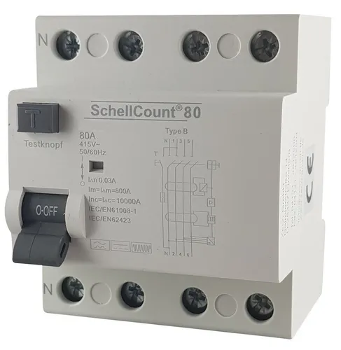 Schellcount Fehlerstromschutzschalter Typ B 80A 30mA 4-polig - Schalter für maximale Sicherheit: 4-poliger FI-Schalter für Elektrofahrzeug-Ladestationen, schützt zuverlässig vor Fehlerströmen und ist CE-zertifiziert.