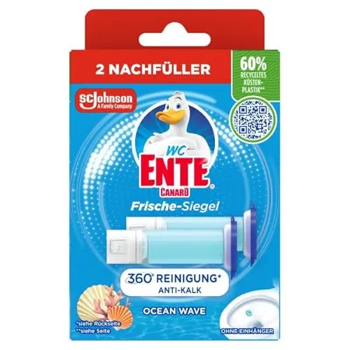 WC-Ente Frische-Siegel Nachfüller, Ocean Wave - WC-Reiniger für langanhaltende Frische mit Anti-Geruch Formel, hygienisch ohne Kontakt zur Toilette, 2 Nachfüller für bis zu 8 Wochen gründliche Reinigung und angenehmen Duft.