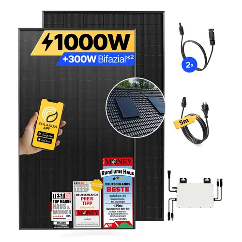 Balkonkraftwerk 1000W/800W - Steckerfertiges Solaranlagen-Komplettset mit Dachhalterung - Solaranlage für einfache Montage und sofortigen Stromspar-Effekt. Ideal für Balkon oder Garten, inklusive 5m Kabellänge für flexible Installation.