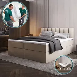 Palermo Boxspringbett mit Bettkästen - Beige, 180 x 200 cm - Betten mit FREI LIEFERUNG und zwei großen Bettzeugbehältern. Inklusive Bonell-Matratzen und 5 cm Topper für optimalen Schlafkomfort. Stabiler Naturholzrahmen und eleganter, flüssigkeitsbeständiger Velvet-Stoff.