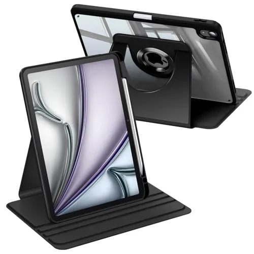 Fintie Rotierende Hülle für iPad Air 11 Zoll M4/M3/M2 (2026/2025/2024), iPad Air 5/4 Gen (10,9", 2022/2020) mit Stifthalter, 360° drehbare, transparente Acryl-Rückseite, stoßfestem Rahmen, Schwarz