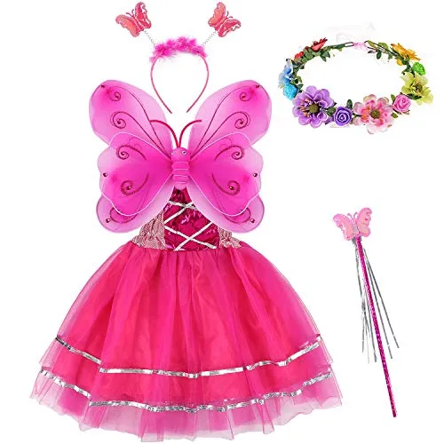 Tacobear 5 Stück Feenkostüm Kinder mit Feenflügel Feenkleid Blumenkranz Haare Schmetterling Fee Haarreif Haarband Feen Zauberstab Halloween Party Prinzessin Fee Kostüm Zubehör für Mädchen (Dunkelpink)