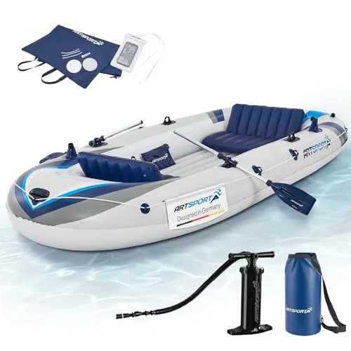 ArtSport Schlauchboot 322 cm für 4 Personen - Aufblasbares Paddelboot mit Zubehör - Boote: Aufblasbares Schlauchboot für bis zu 4 Personen, robust aus PVC, schnell aufblasbar mit Luftpumpe und umfangreichem Zubehör für unvergessliche Ausflüge auf dem Wasser.
