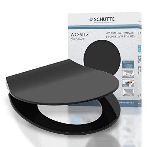 SCHÜTTE SLIM BLACK WC-Sitz, Duroplast mit Absenkautomatik - Stylischer WC-Sitz in modernem Schwarz mit Absenkautomatik für geräuschloses Schließen. Ideal für alle handelsüblichen Toilettenbecken und einfach zu reinigen dank Schnellverschluss.