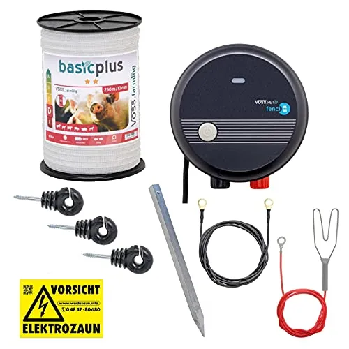 VOSS.farming Hundezaun Elektrozaun Starterset für den Garten Weidezaun Gartenzaun, Hobbyzaun zur Gartensicherung, Mit 230V Weidezaungerät