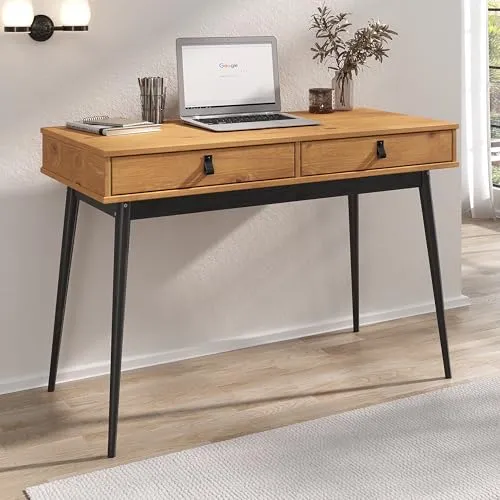 IDIMEX Schreibtisch WANDA - Massivholz Bürotisch mit Schubladen - Kinderschreibtische aus massivem Kiefernholz, mit 2 praktischen Schubladen und stilvollem Eiche/Schwarz-Design, ideal für das Homeoffice oder das Kinderzimmer.