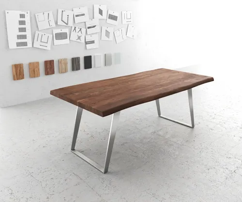 DELIFE Esstisch Edge 200x100 XL Akazie Braun Edelstahl Schräg Live-Edge