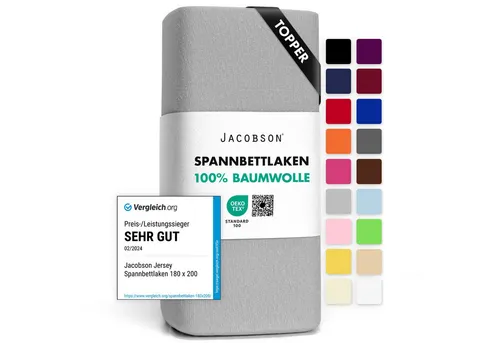 Jacobson Spannbettlaken TOPPER aus 100% Baumwolle, Jersey Bettlaken 160 g/m², Spannbetttuch mit Gummizug, pflegeleicht & viele Farben