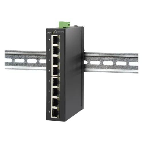 Renkforce 8 Port Fast Ethernet Switch für Hutschiene - Industrie-Netzwerk-Switch mit IP-30 Schutz, ideal für Hutschienenmontage. Überwachen Sie Spannungsversorgung und Link-Fehleralarme für maximale Sicherheit.