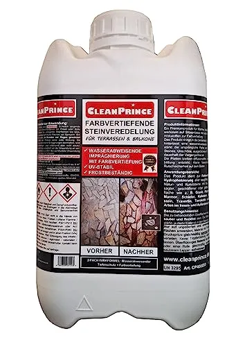 CleanPrince 5 Liter Farbvertiefer für Steinveredelung - Vorbereitungsmaterialien für Terrassen und Balkone, wasserabweisend und farbvertiefend für einen beeindruckenden Nass-Effekt.