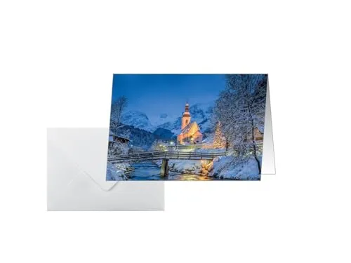 sigel Weihnachtskarte "Bavarian Christmas" - A6 quer (A5), 25 Karten und Umschläge, weihnachtliches Motiv einer Kirche im verschneiten Ramsau