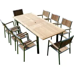 ALEOS Gartengarnitur Edelstahl Teak Set 160-220 x 90 cm + 8 Teak Sessel - Elegante Gartengarnitur aus Edelstahl und A-Grade Teakholz, ideal für Garten und Gastronomie. Ausziehbarer Tisch (160-220 cm) und 8 stapelbare Sessel bieten Komfort und Stil für gesellige Stunden im Freien.