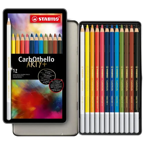 STABILO CarbOthello Pastellkreidestift - 12er Metalletui mit 12 brillanten Farben, wischbar und ideal für kreative Kunstprojekte