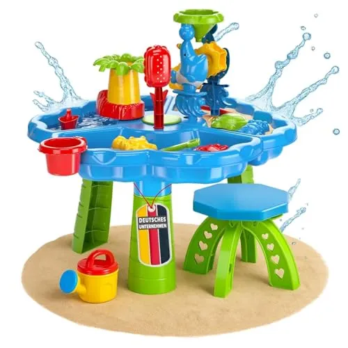 Sand- und Wasserspieltisch NARIUS XL, 3 separate Wasserbecken, 1 Hocker, Wassertisch Kinder Outdoor für Wasserspiele draußen, Balkon und Garten, Matschtisch mit Sandkastenspielzeug, Plantschtisch