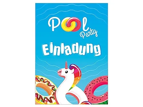 Limonia 12 Einladungskarten Pool-Party Karten zum Kindergeburtstag Einladung Geburtstag Bad Mädchen Jungen Schwimmbad Einhorn Donut