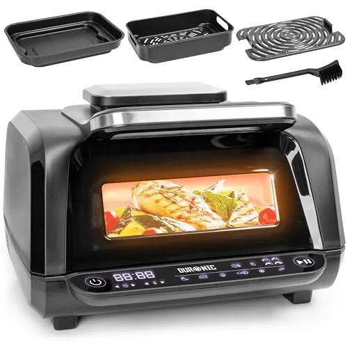 Duronic FG19 Air Fryer Grill, Heißluftfritteuse für Süßkartoffel-Pommes, Mini Backofen Heißluftfriteuse mit 3 Backleche, 2 Personen HLF Friteuse für beste Rezepte, Fritteuse zum Brot backen