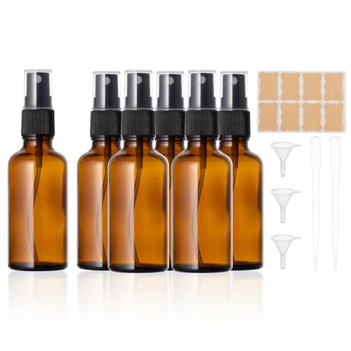 Kiperline 6 Stück Sprühflasche Glas Leer, 50ml Kleine Braunglas Sprühflaschen zum Befüllen mit Trichter Pipetten und Etiketten Für ätherische Öle, Parfüm
