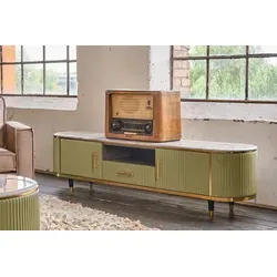 KAWOLA Lowboard MARIA TV-Bank mit Marmorplatte - TV-Halterungen: Stilvolles Lowboard im Retro-Design, mit eleganter Marmorplatte und olivgrünem Kunstleder für ein modernes Wohnambiente.