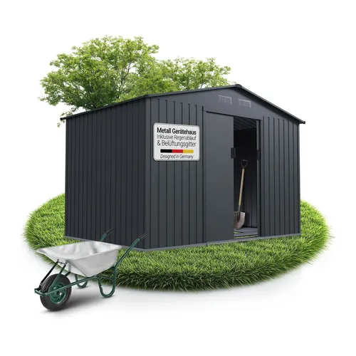 Juskys Metall Geräteschuppen XL – Dunkelgrau, wetterfest - Geräteschuppen für Garten & Aufbewahrung, ideal für die sichere Lagerung von Gartenmöbeln und Geräten, inklusive Fundamentrahmen und abschließbarer Schiebetür.