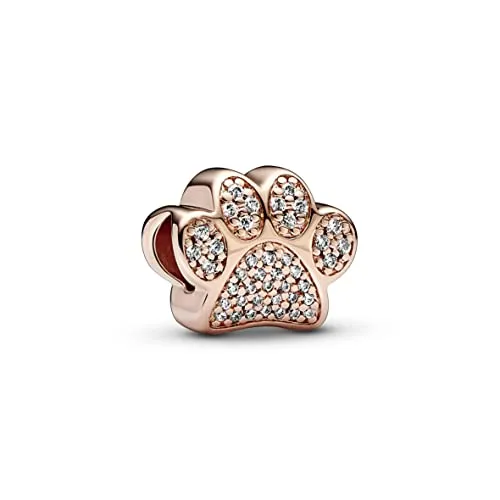 PANDORA Funkelnder Pfotenabdruck Charm aus 14 Karat rosévergoldeter Metalllegierung mit Zirkonia - Kompatibel mit PANDORA Moments Armbänder