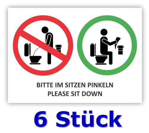 Stück - Folienaufkleber Bitte im Sitzen pinkeln Please sit down, Größe ca. 14,8 x 10,4 cm - (Auf-517) Toiletten Aufkleber WC Bad Klosett Klo im Sitzen benutzen nicht im Stehen 6