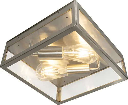 Qazqa Moderne quadratische AußenDeckenleuchte - Rotterdam - Moderne Deckenlampe aus Edelstahl in Silber, ideal für Innen- und Außenbeleuchtung. Dimmbar mit E27-Fassung, perfekt für stilvolle Akzente.