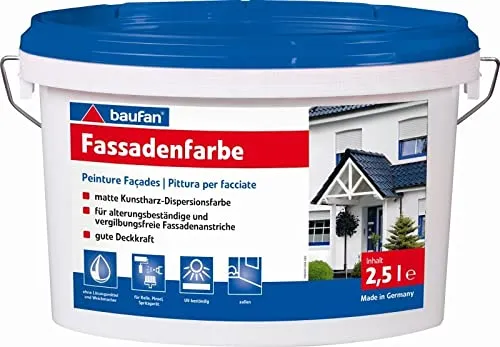 Baufan Fassadenfarbe Standard 2,5 Liter – Wetterbeständig und langlebig - Wetterbeständige Fassadenfarbe für eine ansprechende Optik. Ideal für den Außeneinsatz, sorgt für eine langlebige und attraktive Fassade.