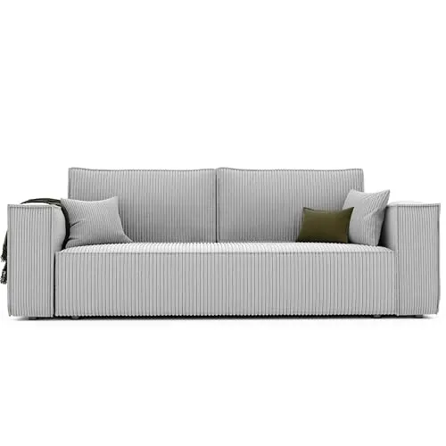 GREKPOL Schlafsofa mit Bettkasten 240x105 - Cord Hellgrau - Sofas & Couches mit Schlaffunktion, ideal für kleine Wohnungen und bietet Stauraum für Decken und Kissen.