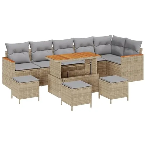 vidaXL 10-teiliges Garten Sofa Set mit Kissen Beige Poly Rattan Akazie, 4-teiliges Gartentisch Set mit Kissen Beige Poly Rattan Akazie