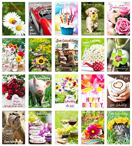 Edition Seidel Set 20 Geburtstagskarten Glückwunschkarten zum Geburtstag mit Umschlag. Grusskarte Geburtstagskarte Happy Birthday Mann Frau Karten Spruch Sprüche Billet