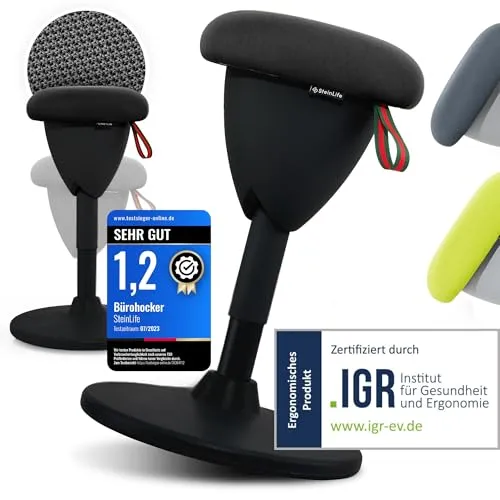 Steinlife Ergonomischer Arbeitshocker [TESTSIEGER] - Höhenverstellbar und Dynamisch - Drehhocker für aktives Sitzen mit 360° Pendelfunktion, ideal für Büro und Homeoffice – fördert Rückenstärkung und gesunde Haltung.