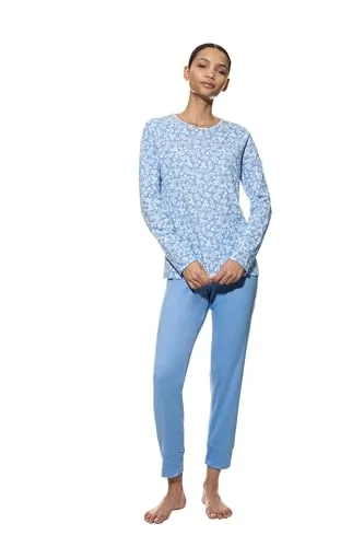 Mey Nachtwäsche Serie Flower Meadow Damen Schlafanzüge Blue Silk XXL(46) - Schlafanzüge für Damen: 2-teiliger Schlafanzug mit floralem Print und unifarbener 7/8-Hose für stilvollen Komfort und maximale Bewegungsfreiheit.
