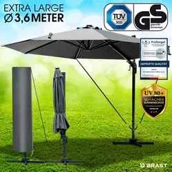Alu Ampelschirm 360cm grau - Flexibler Sonnenschutz - Sonnenschirme: Extra großer 360cm Ampelschirm in elegantem Grau mit 80+ UV-Schutz, windstabil und flexibel drehbar für optimalen Schatten. Ideal für die ganze Familie!
