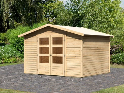 Gartenhaus KARIBU "Carlberg 5" - Naturbelassen, 7,1 qm - Gartenhäuser aus 19 mm nordischer Fichte, einfach im Steck-Schraubsystem aufzubauen. Mit Doppelflügeltür für optimalen Zugang und Tageslichteinfall, ideal für Gartenprojekte.