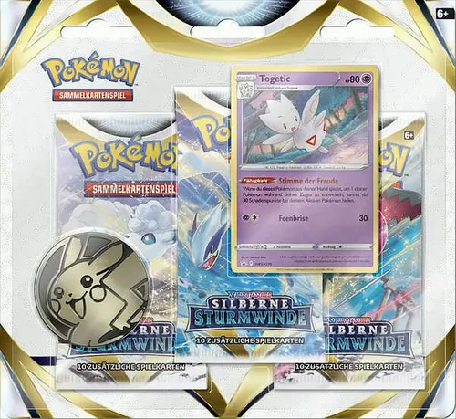 Pokemon silberne Sturmwinde Auswahl Blister Booster TTB Schwert & Schild SWSH12 - TCG OVP Packs, 3er Blister mit Manaphy-Karte für spannende Sammel- und Spielmomente.