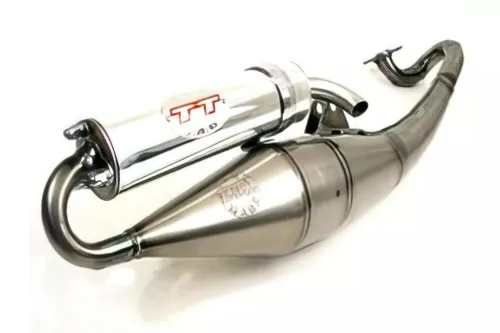 LeoVince Handmade TT Auspuff für Kymco Agility & Top Boy - Motorradauspuffanlagen mit handgeschweißtem Stahlblech und gebürstetem Alu-Endschalldämpfer, ideal für 50cc Sportzylinder und mit Straßenzulassung.