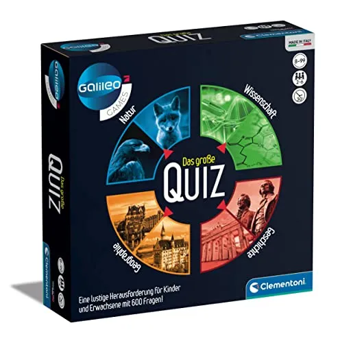 Clementoni Kartenspiel Galileo - Das große Quiz - Gesellschaftsspiel für 2-6 Spieler, ab 8 Jahren. Spannendes Quizspiel mit 600 Fragen zu Geographie, Natur, Geschichte & Wissenschaft - ideal für unterhaltsame Spieleabende mit Familie und Freunden.